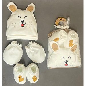 ست کلاه و پاپوش و دستکش نوزاد کادینا طرح c0035